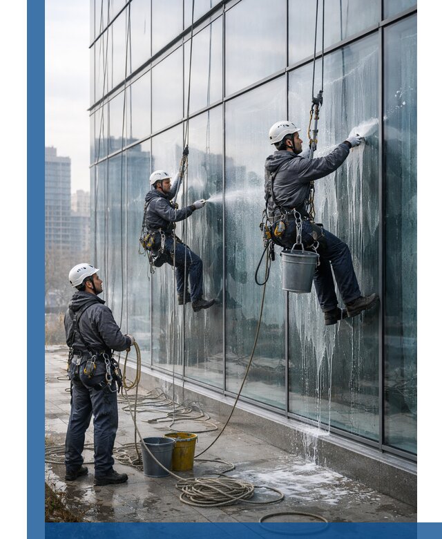 Промышленная мойка панорамных окон на высоте в Губахе