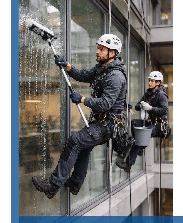 Профессиональная мойка витражей промышленными альпинистами в Губахе
