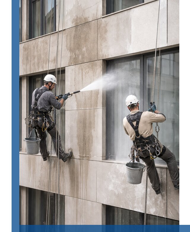 Послестроительная мойка фасада промышленным альпинизмом в Губахе