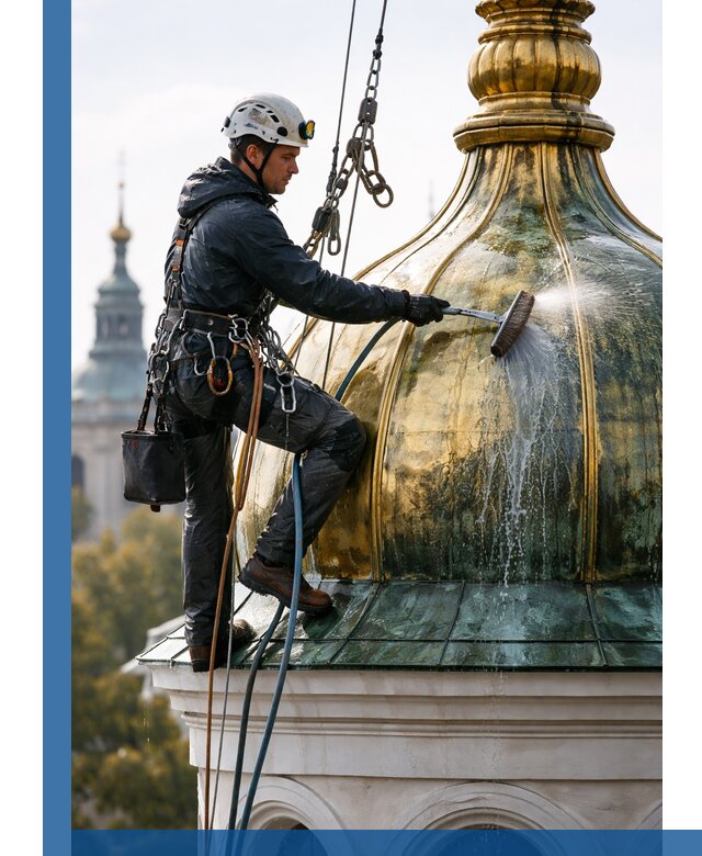 Профессиональная мойка куполов и шпилей высотными альпинистами в Губахе