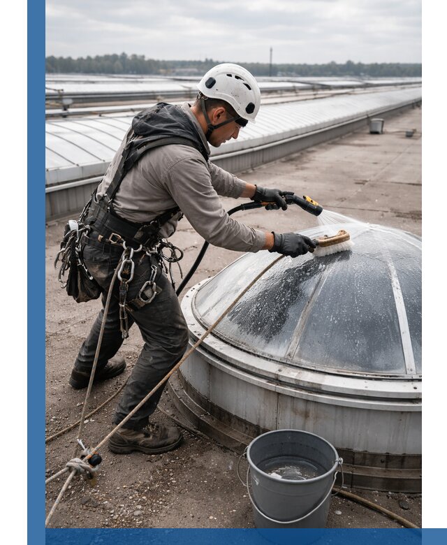 Мойка зенитных фонарей на кровле для промышленных объектов в Губахе