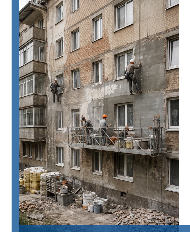 Капитальный ремонт фасада в Губахе с восстановлением и гидроизоляцией