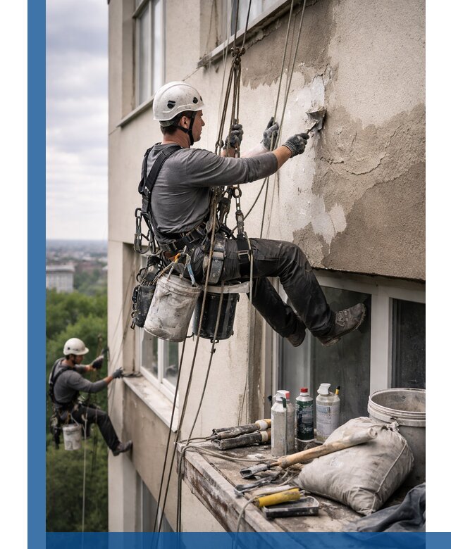 Косметический ремонт фасада зданий в Губахе промышленными альпинистами