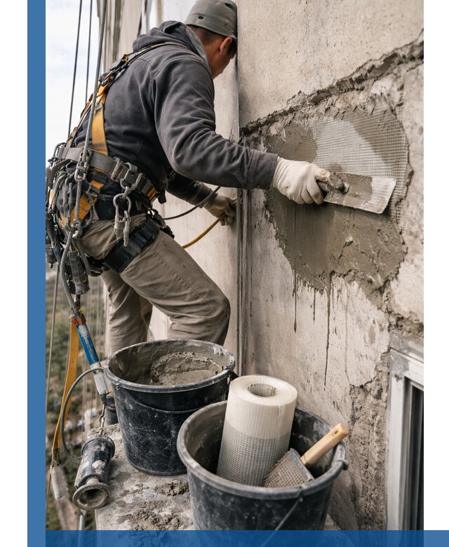 Ремонт бетонных элементов фасада промышленными альпинистами в Губахе