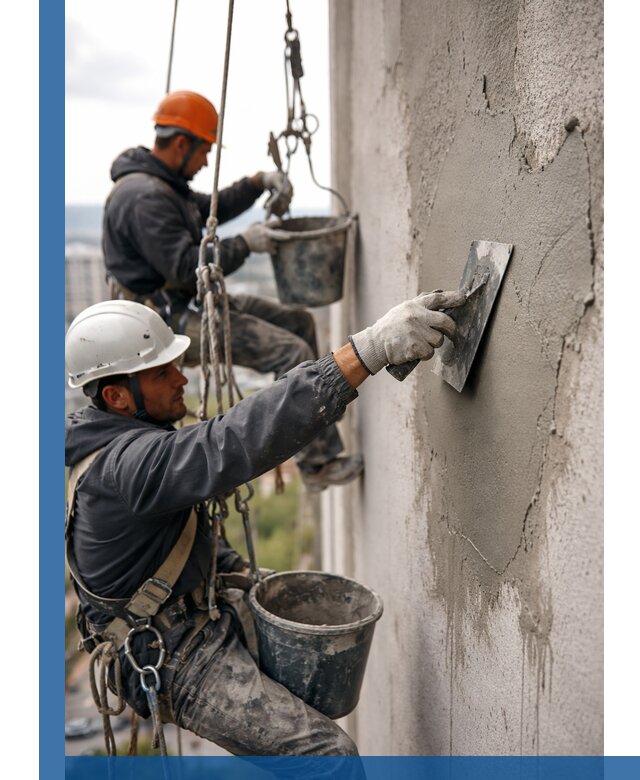 Штукатурка фасада на высоте в Губахе профессиональные работы