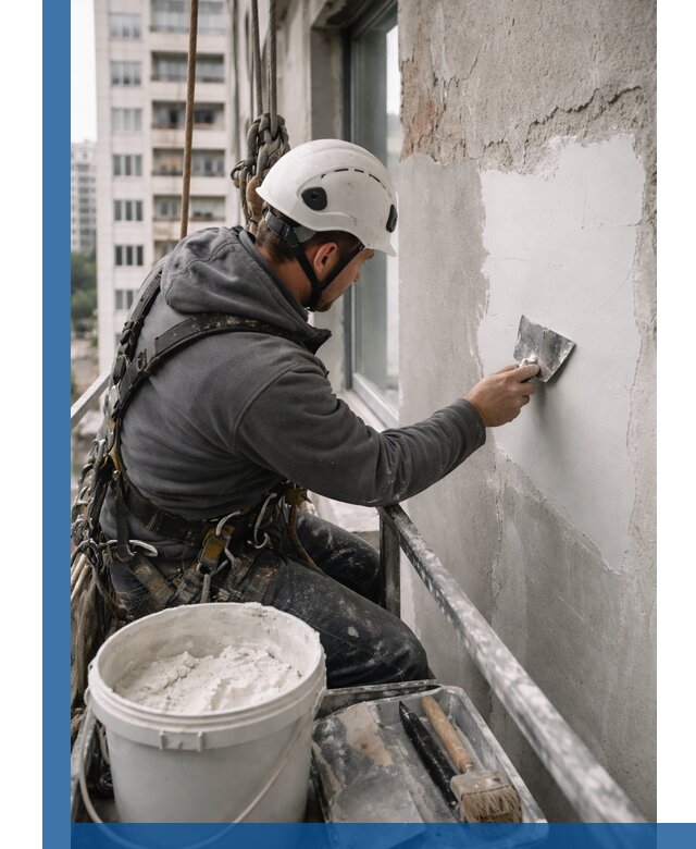 Шпаклевка фасадов на высоте с промальпинистами в Губахе