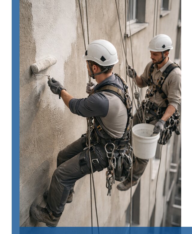 Грунтовка фасада на высоте в Губахе промышленными альпинистами