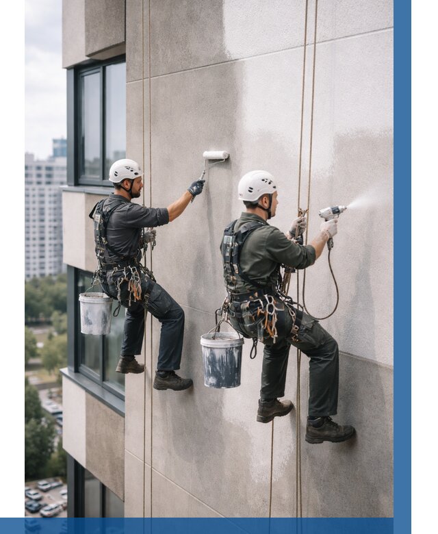 Покраска фасада альпинистами в Губахе от 311 р. | ВЫСОТНИК-Гбх