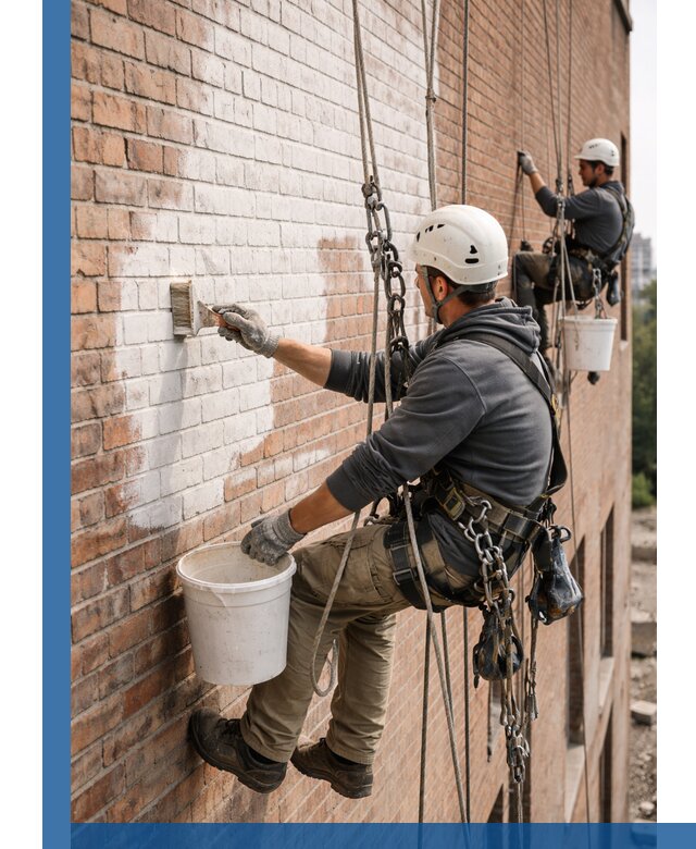 Покраска кирпичного фасада с доступным альпинистским сервисом в Губахе