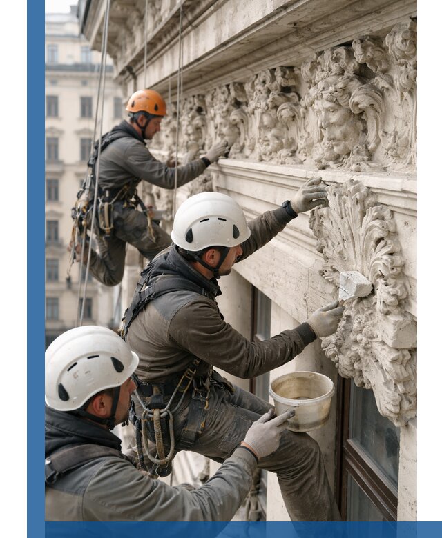 Реставрация фасадной лепнины с высотными работами в Губахе