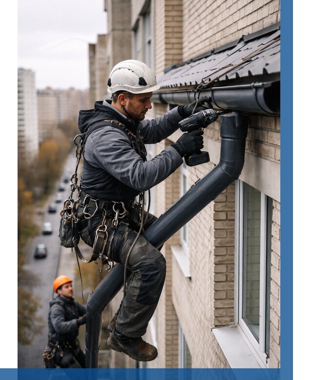 Монтаж водосточной системы на здании в Губахе от 5183 р. | ВЫСОТНИК-Гбх