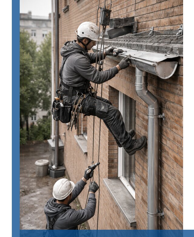 Монтаж водосточной системы на здании в Губахе под ключ