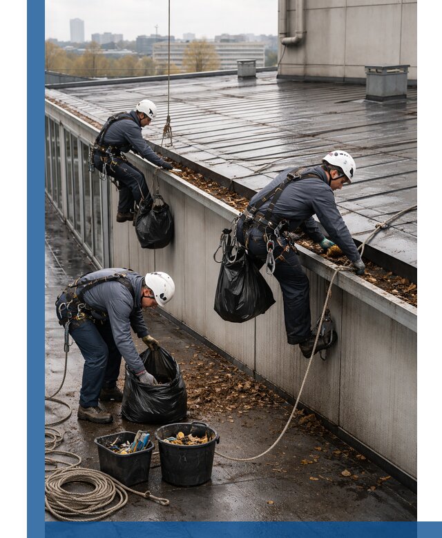 Очистка кровли по периметру в Губахе силами промышленных альпинистов