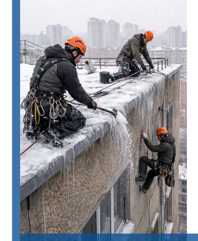 Удаление наледи с кровли в Губахе промышленными альпинистами