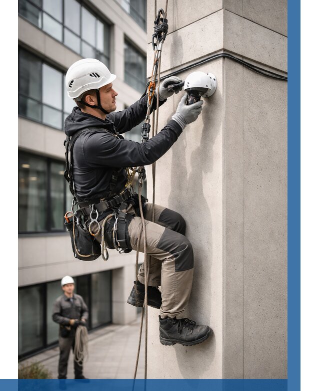 Монтаж камер видеонаблюдения на фасаде в Губахе от 8811 р.-ВЫСОТНИК-Гбх