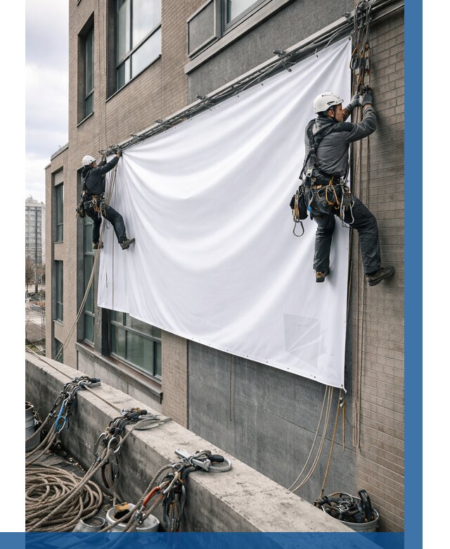 Монтаж баннеров на фасаде в Губахе от 674 р. заказать ВЫСОТНИК-Гбх