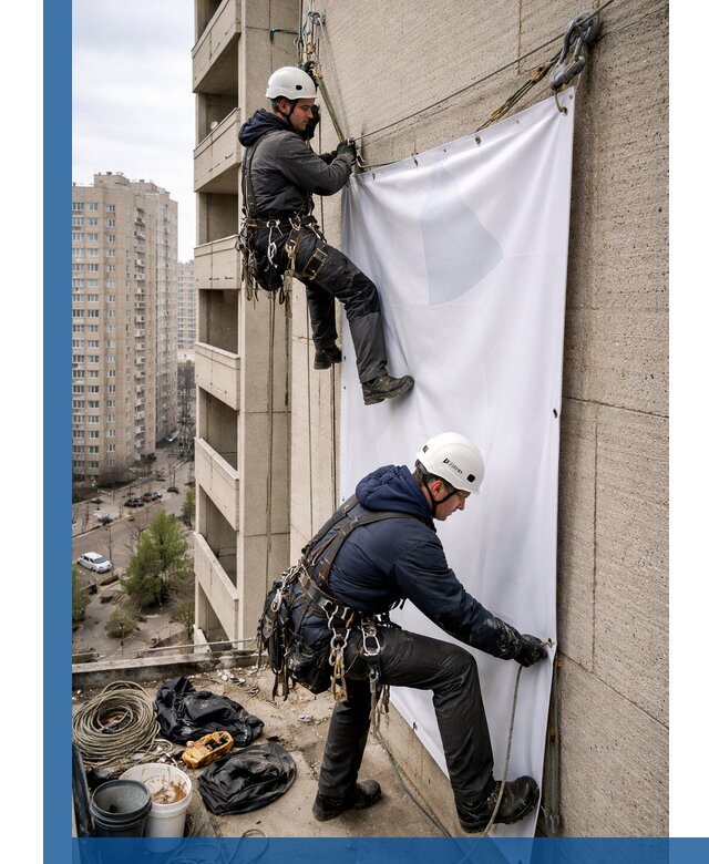 Профессиональный монтаж баннеров на фасаде в Губахе