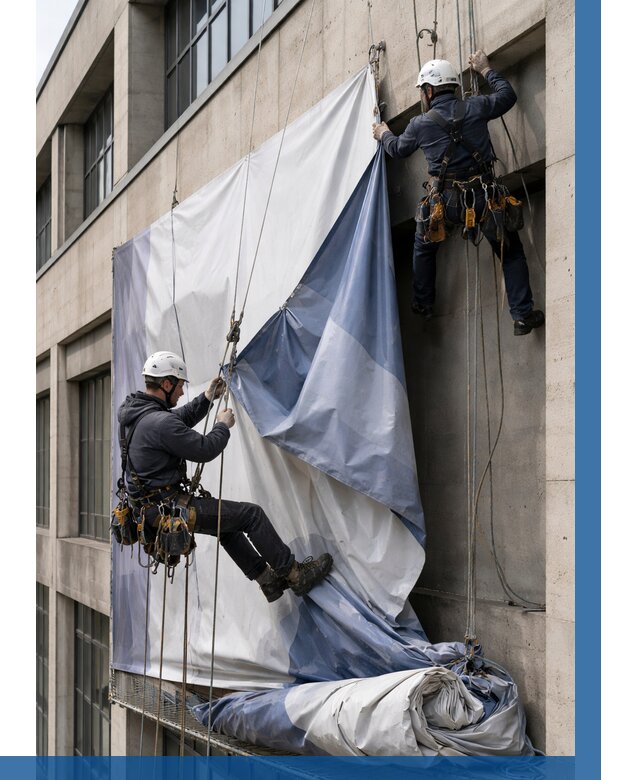 Демонтаж баннеров с фасада в Губахе от 4665 р. | ВЫСОТНИК-Гбх