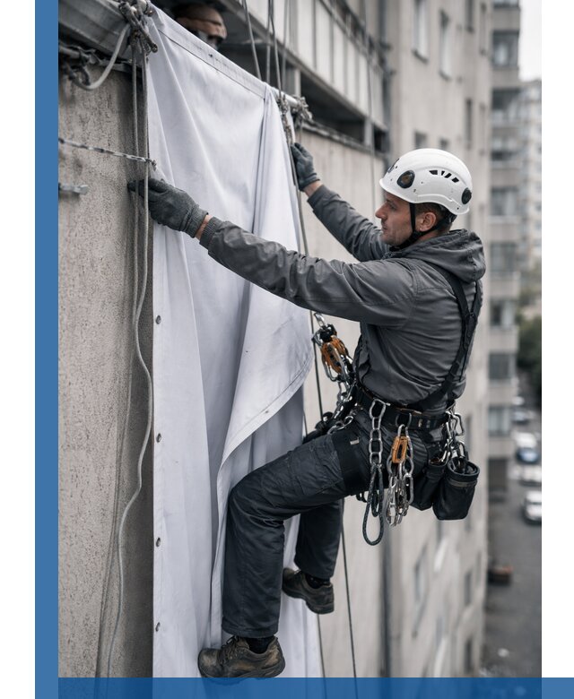 Замена баннерного полотна промышленными альпинистами в Губахе