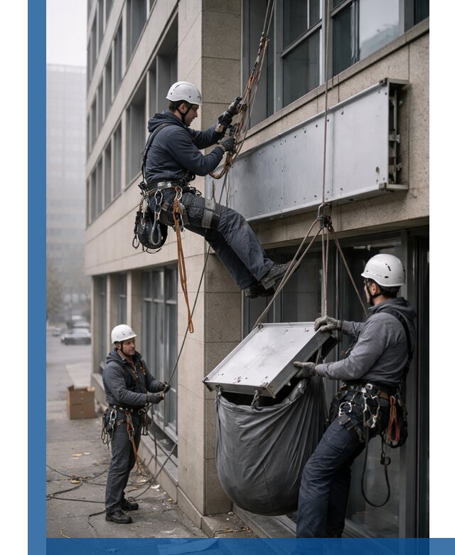 Демонтаж рекламной вывески с высотными работами в Губахе