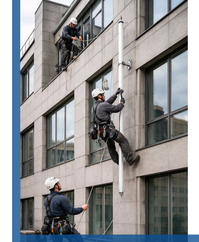 Монтаж флагштока на фасаде здания с креплением и герметикой в Губахе