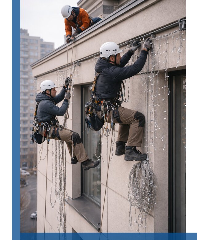 Монтаж праздничных гирлянд на фасаде в Губахе для зданий