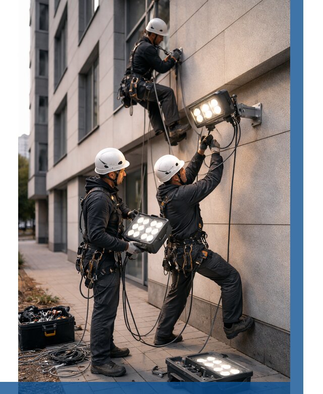 Монтаж прожекторов на фасаде в Губахе от 7775 р. | ВЫСОТНИК-Гбх