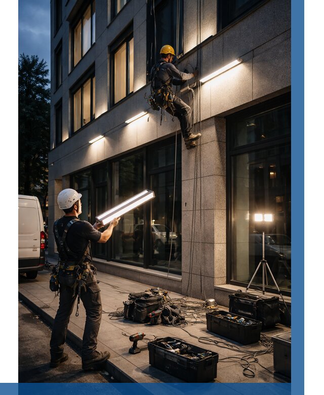 Монтаж архитектурной подсветки здания в Губахе от 2592 р.|ВЫСОТНИК-Гбх