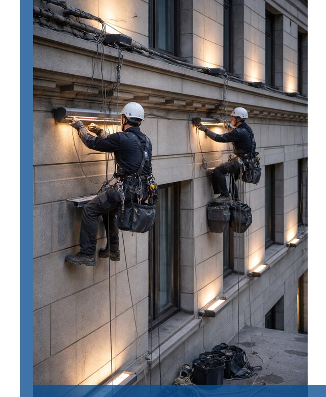 Монтаж архитектурной подсветки фасадов зданий в Губахе