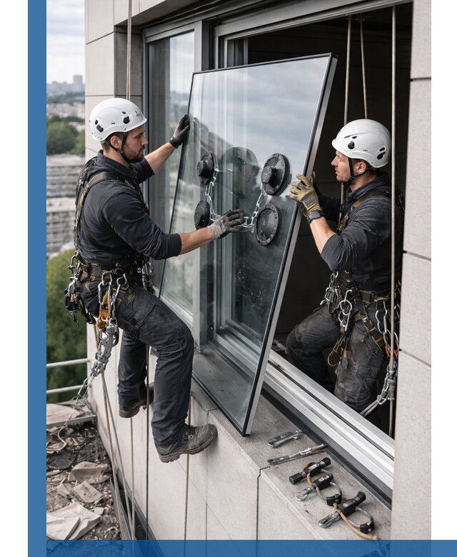 Замена стеклопакетов на высоте с промышленными альпинистами в Губахе