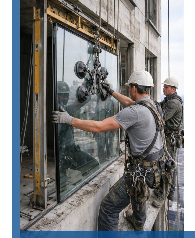 Монтаж стеклопакетов на высоте в Губахе с промышленным альпинизмом