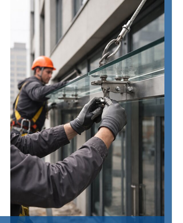 Монтаж стеклянных козырьков в Губахе от 8811 р. | ВЫСОТНИК-Гбх