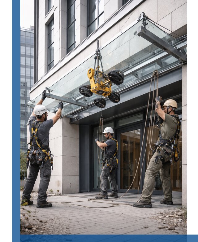 Монтаж стеклянных козырьков под ключ в Губахе для зданий