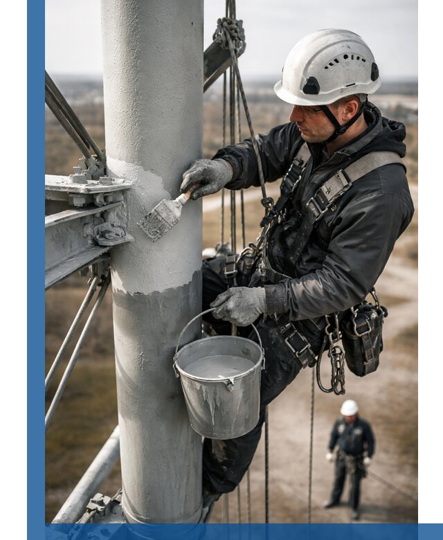 Покраска мачт связи в Губахе промышленными альпинистами