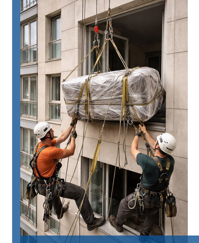 Подъем грузов через окно в Губахе промышленными альпинистами