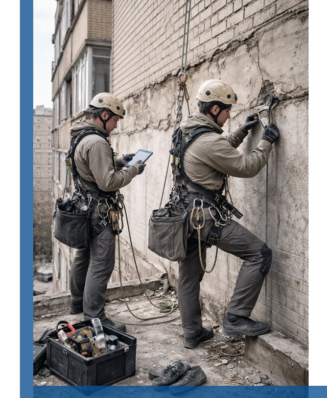 Обследование фасада промышленными альпинистами в Губахе