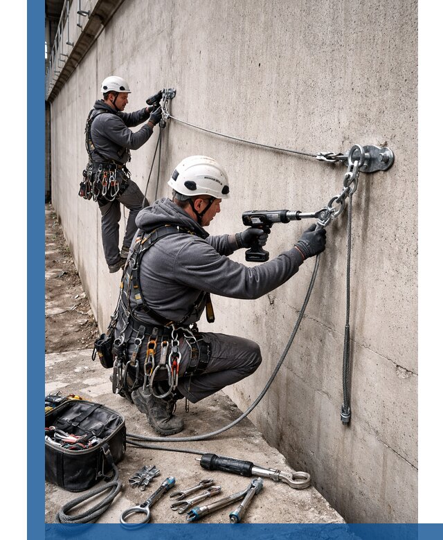 Монтаж анкерных линий высотной безопасности в Губахе